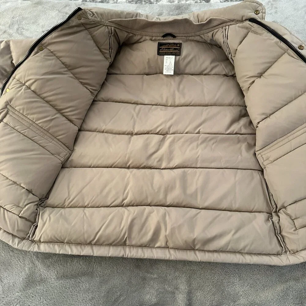 Vintage Eddie Bauer Down Filled Puffer Coat Tan Men's LARGE *no hood* USA Made